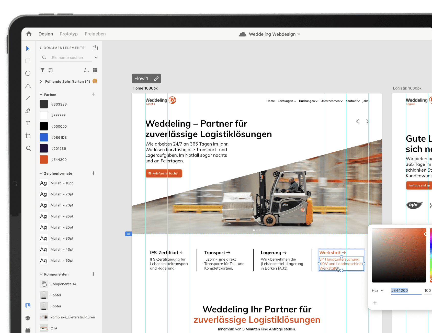 Das Bild zeigt den Entwurf der Weddeling Logistik-Webseite, erstellt von Innovative Design, mit Designwerkzeugen links und einer Seitenvorschau rechts.